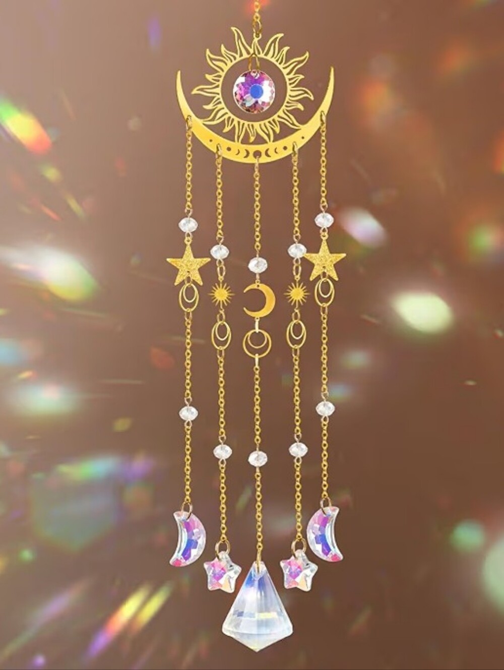 NWT Golden Celestial Sun & Moon Crystal Suncatcher Whimsical Window Prism Decor